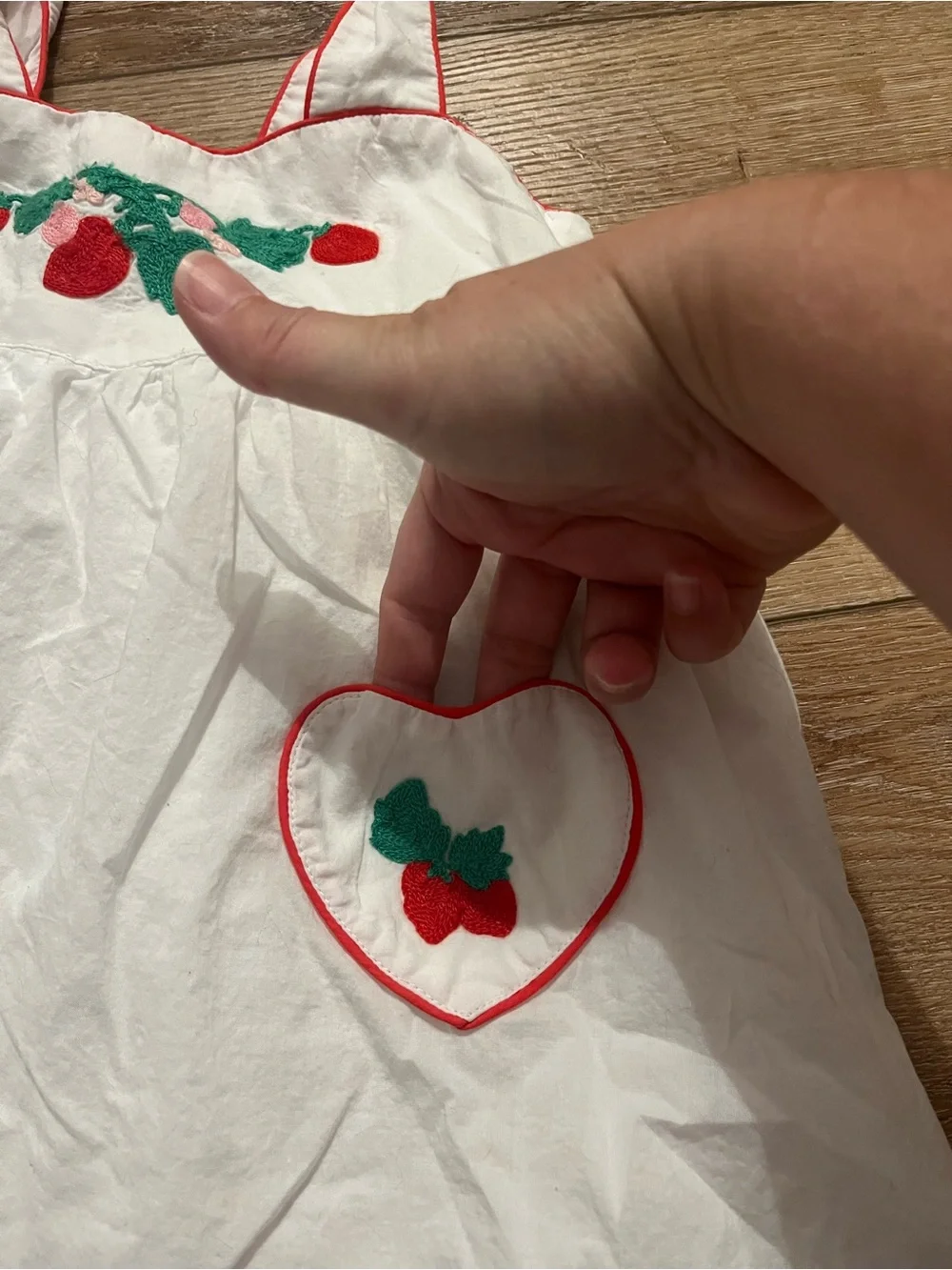 White Girls' Strawberry Embroidered Sundress with Heart Pockets
